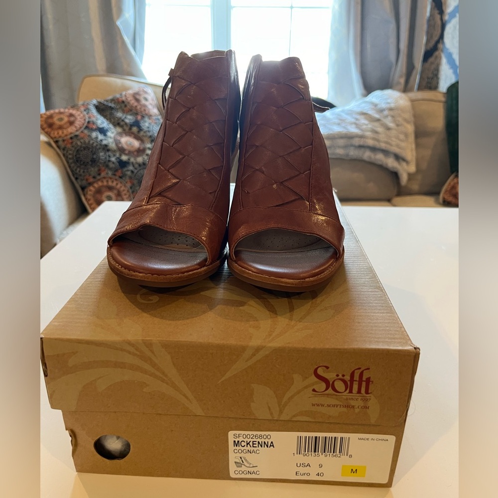 Sofft | McKenna Women’s Open-Toe Woven Leather Booties - Cognac